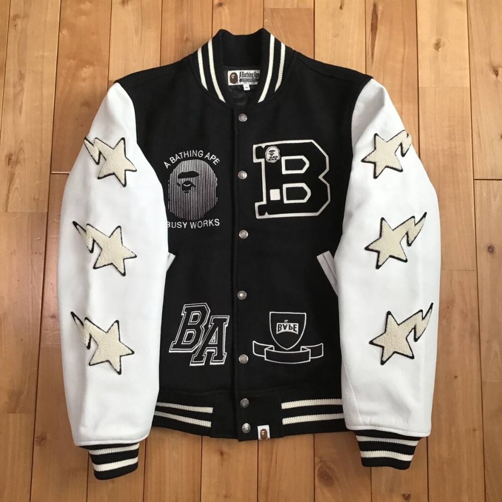 A Bathing Ape 2015 Autumn Winter Leather Sleeve Bape Sta Star Varsity Jacket XL
